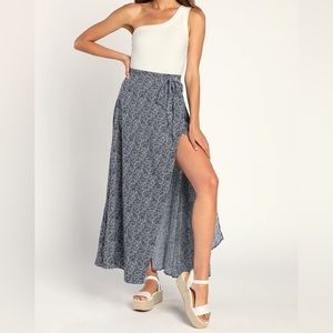 Lulus Beautiful Tempest Navy Blue Print Wrap Maxi Skirt in XS